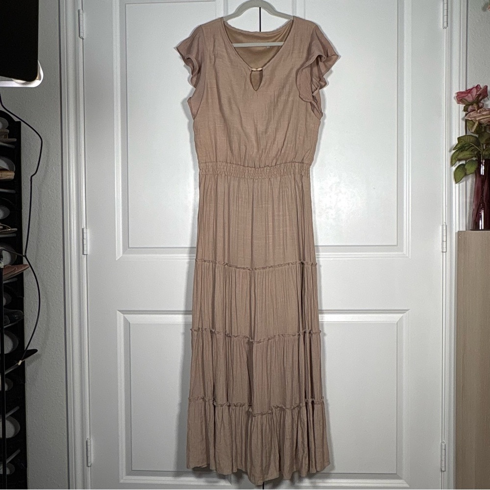 NY Collection Tiered Maxi Fit Tan Dress